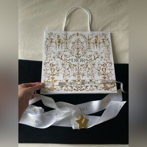 Dior Paper Gift Bag White Gold Large with Ribbon and Metal Star